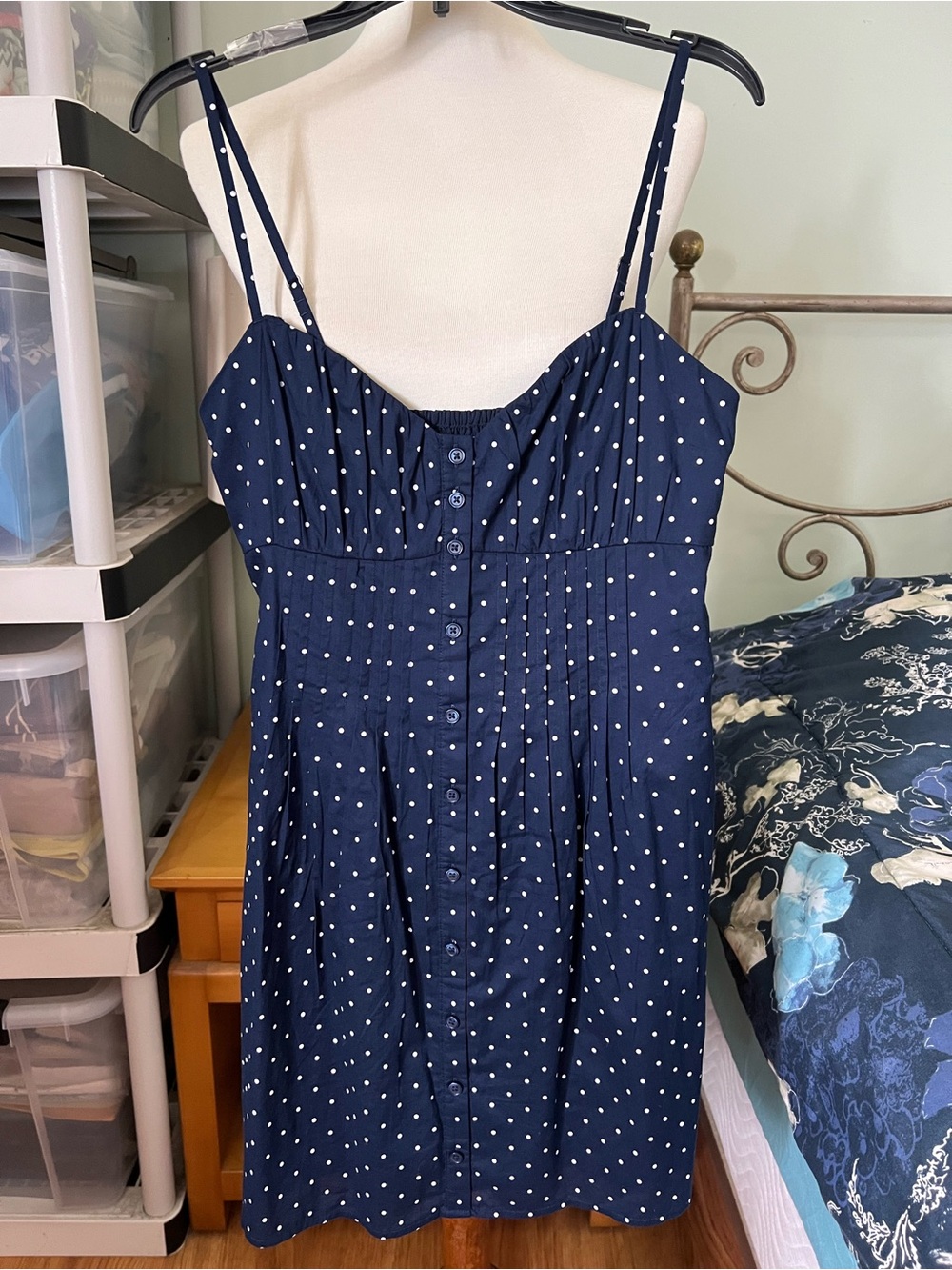 Hollister Small Navy Blue Polka Dot Short Sundress w/Spaghetti Straps